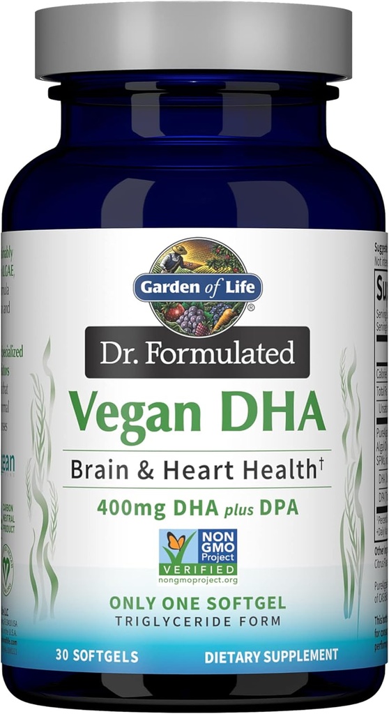Garden of Life Omega 3 Vegan DHA Suplementos Dr. Formulated Vegan DHA, 400mg DHA &amp; 90mg DPA en Triglyceride Forma de una Fuente Única, Omega 3 Suplemento para la Salud de Mujeres y Hombres, 30 Softgels