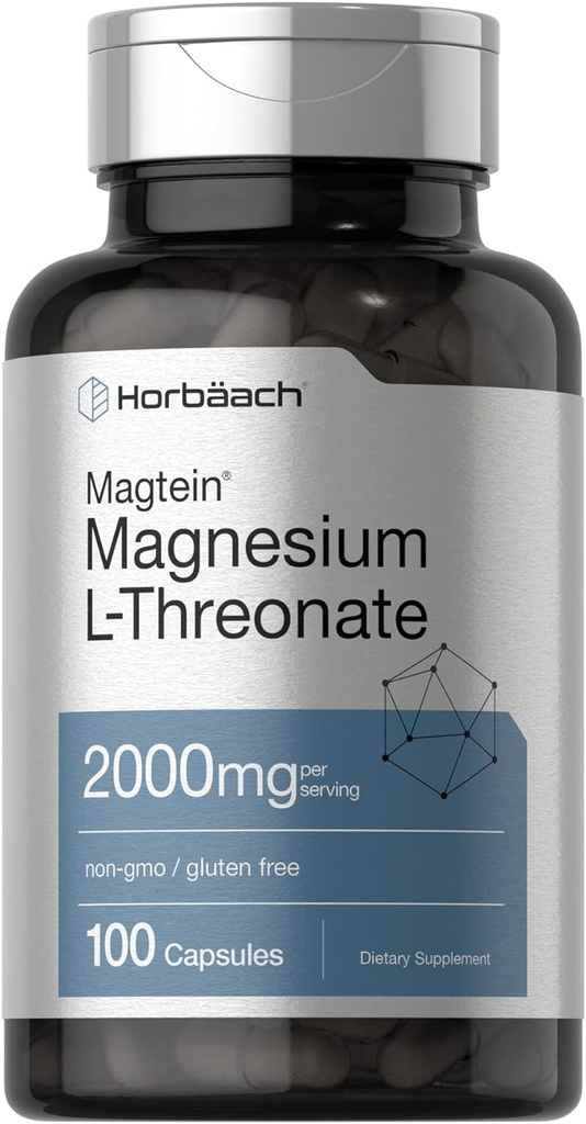 Horbäach Magtein Magnesium L-Threonate ← 2000mg Suplemento  100 Capsules Silencio para Hombres " Mujeres que viven sin gluten y sin gluten