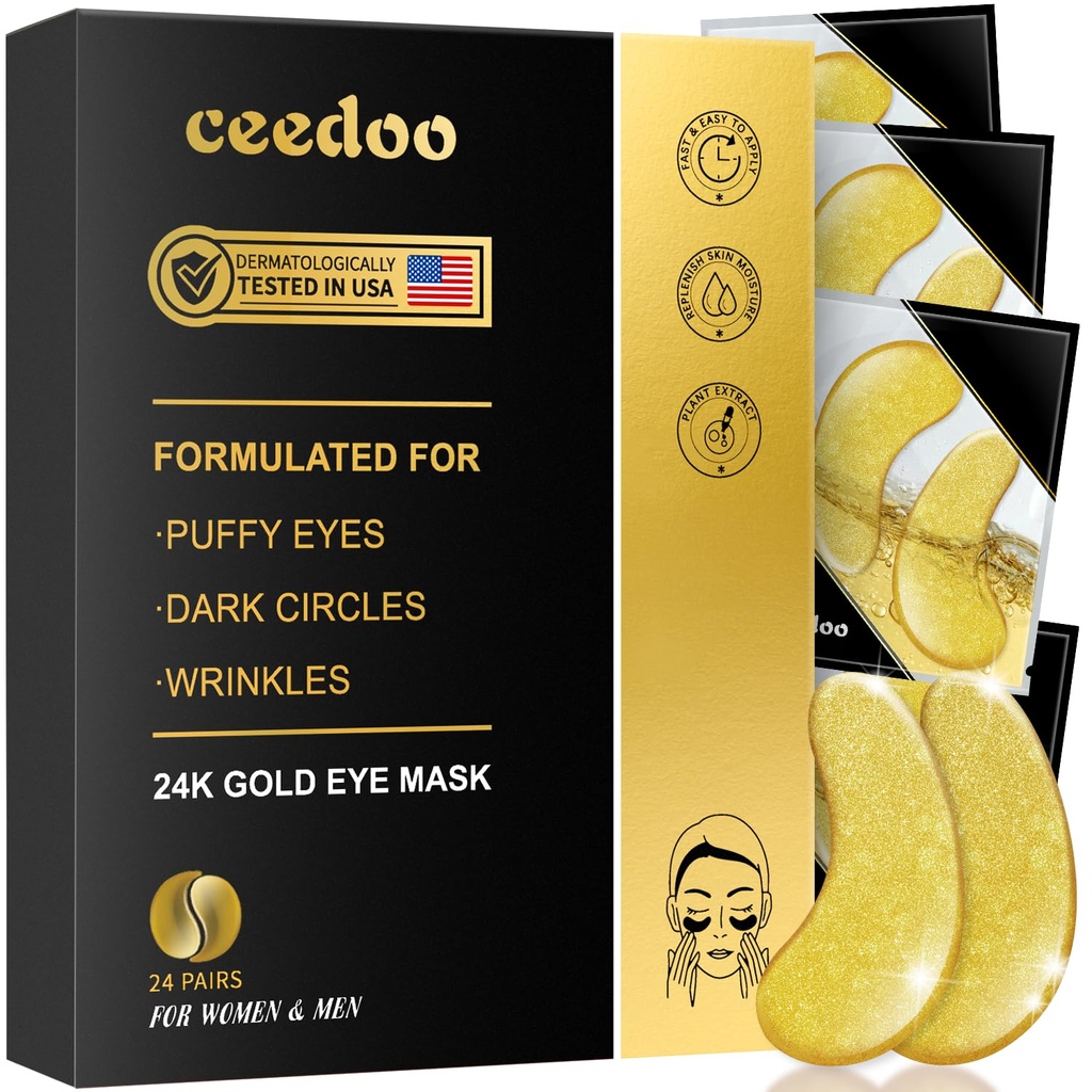 Bajo los ojos - 24 Parejas Gold Under Eye Mask for Puffy Eyes, Dark Circles, Eye Bags, Wrinkles, Collagen Eye Gels with Rejuvenating Treatment, Gifts for Women