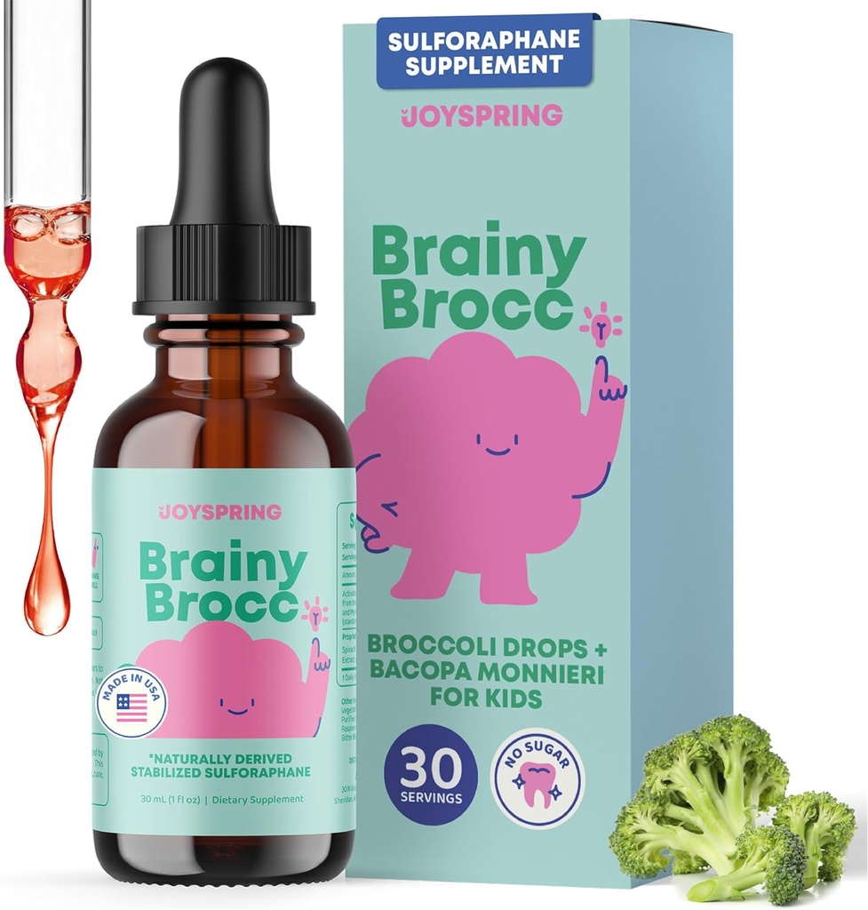 JoySpring Broccoli Supplement for Kids | Sulforaphane & Bacopa Monnieri Drops | Supports Cognitive Function | Vegan & Kid-Friendly