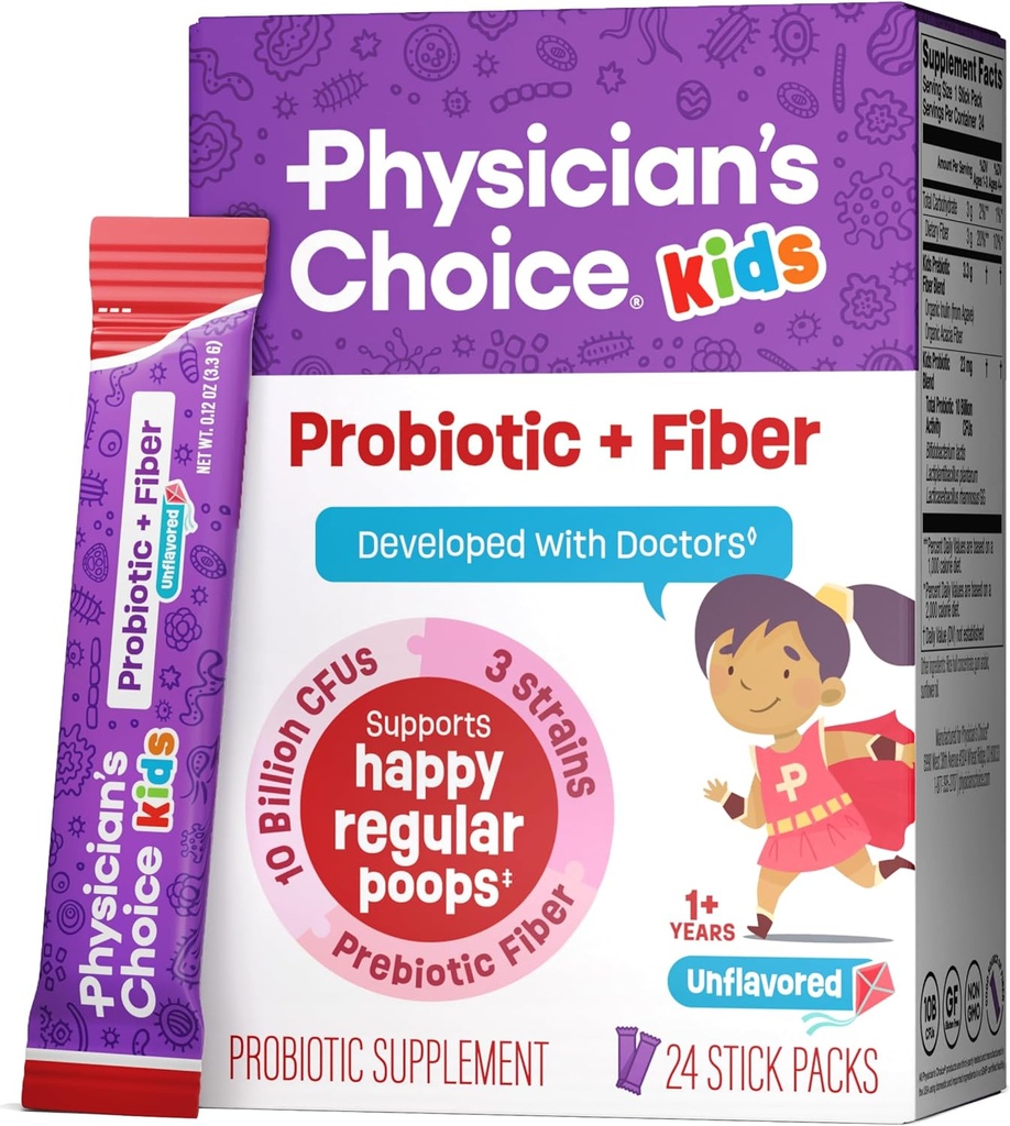 Los niños de la elección del médico Probiótico + Empaquetamientos de fibra prebiótica (Ages 1+) - Apoya la regularidad, el estreñimiento ocasional " Un sistema digestivo saludable - No alérgenos o preservadores - Desflavorado - 24 Pack