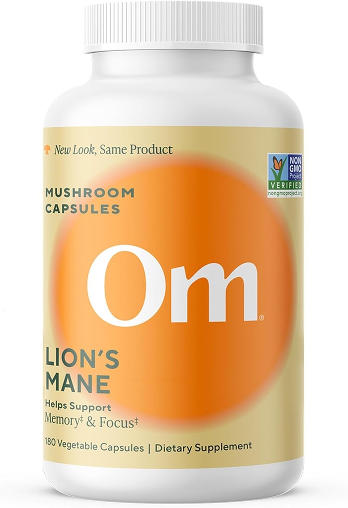 Om Lion’s Mane Mushroom Capsules - Suplemento Orgánica de Mushroom y Nootropic - Suplementos de Cerebro para Memoria y Focus, 180 Conde (60 Servimientos)