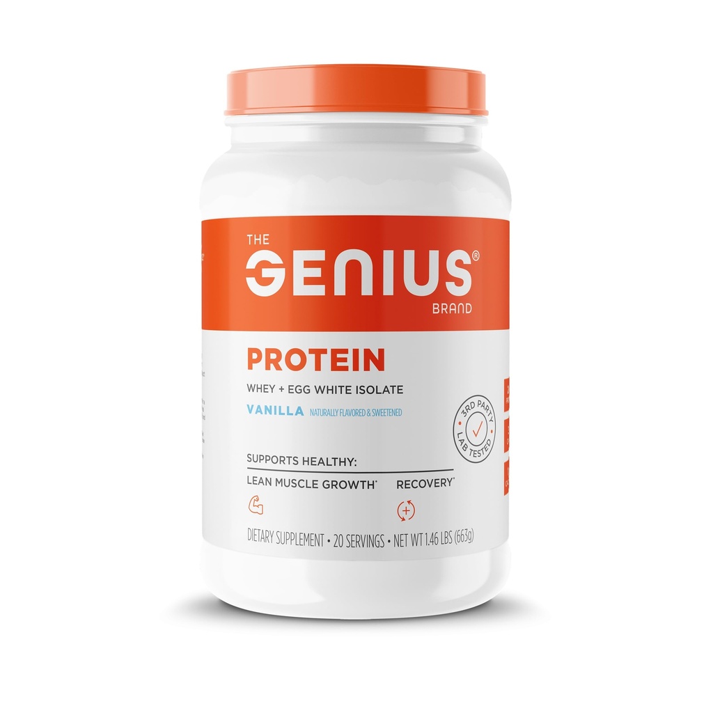 Genius Protein Powder, Vainilla - Dual Protein Blend with Mejorad Whey Isolate &amp; Natural Egg White for Lean Muscle Building for Men &amp; Women - Grass-Fed Pre &amp; Post Workout Meal Replacement Shake