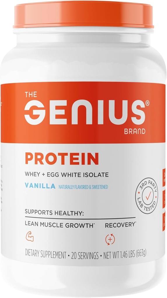 Genius Protein Powder, Vanilla - Dual Protein Blend with Improved Whey Isolate & Natural Egg White for Lean Muscle Building for Men & Women - Grass-Fed Pre & Post Workout Meal Replacement Shake