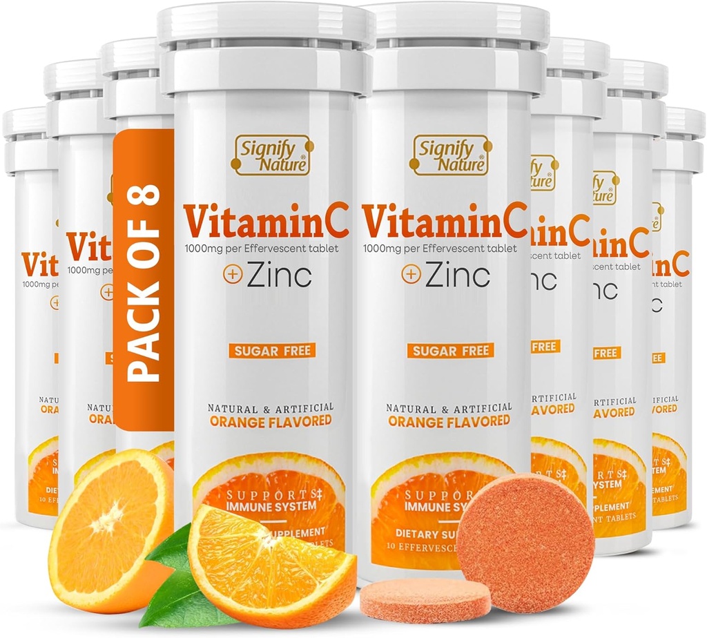 SIGNIFY NATURE Vitamin C 1000mg Effervescent Tablets - Potent Immune Support VIT C with Zinc Supplement - Sugar-Free & Vegan Formula | Dissolvable Vitamin C Tablets - Water Soluble Fizzy Elixir - 80CT