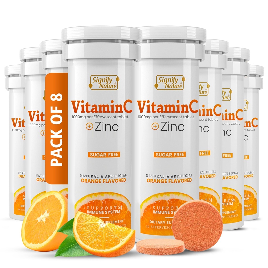 SIGNIFY NATURE Vitamin C 1000mg Effervescent Tablets - Potent Immune Support VIT C with Zinc Supplement - Sugar-Free & Vegan Formula | Dissolvable Vitamin C Tablets - Water Soluble Fizzy Elixir - 80CT