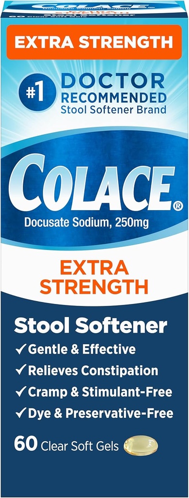 Colace Extra Strength Stool Softener for Gentle Effective Constipation Relief, #1 Doctor Recommended Stool Softener Brand, 250 mg Docusate Capsules, 60 Conde (Pack of 1)