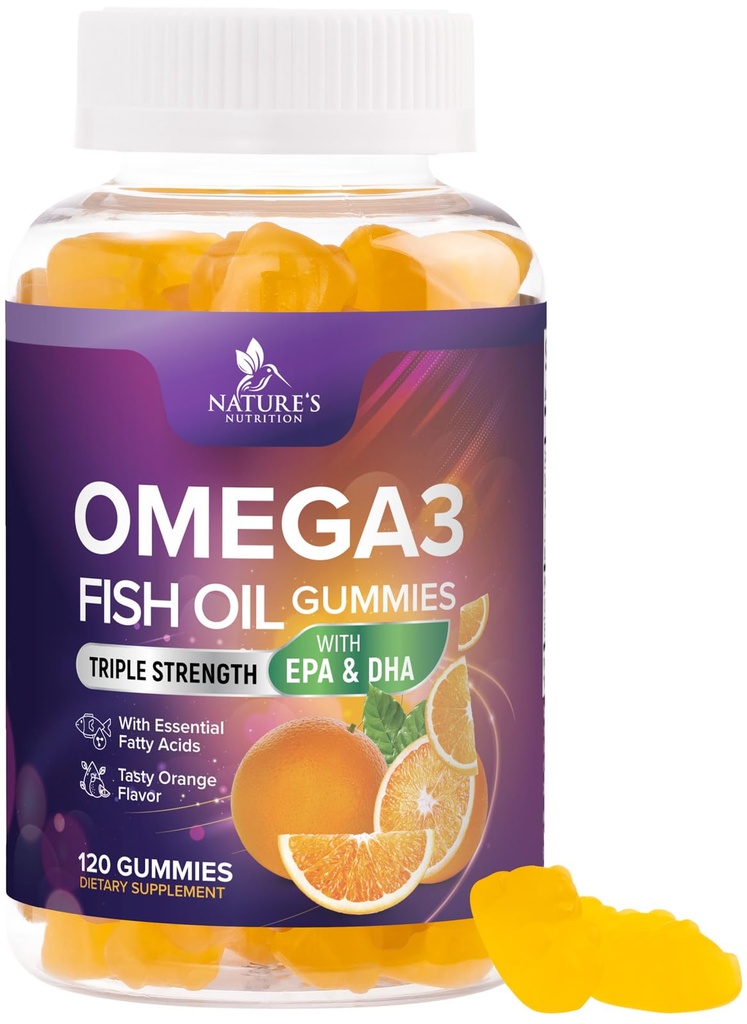 Omega-3 Gummies, Fish Oil Gummies for Adults &amp; Kids, Omega-3 Gummy Vitaminas, EPA &amp; DHA Fish Oil Fatty Acids Gummy Suplemento, Suplementos de la Naturaleza para Conjunto, Salud del Corazón, &amp; Brain Support - 120 Conde