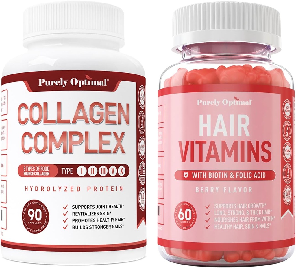 Péptidos multi colágeno puramente óptimos (Tipos I, II, III, V, X) + Vitaminas de pelo Premium Suplemento-Vitaminas de estómago w/Biotina, ácido fólico, vitaminas A