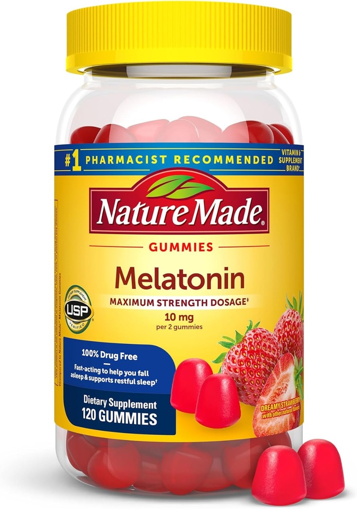 Nature Made Melatonin 10 mg por servir Gummies, Sleep Gummies for Adults Maximum Strength Dosage, 100% Drug Free Sleep Aid, 120 Conde, 60 Day Supply