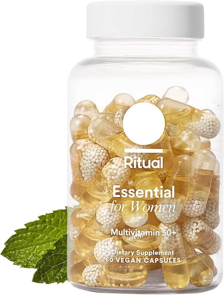 Multivitamina ritual para mujeres 50+, Suplementos de menopausia con vitamina D3, K2 y Magnesio para soporte de bonificación*, Omega-3 DHA, Vitamina B12, No GMO, Mint Essenced, 30 Day Supply, 60 cápsulas Vegan