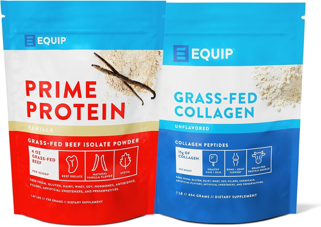 Equip Foods Prime Protein Powder Vanilla " Grass Fed Collagen Powder Unflavored