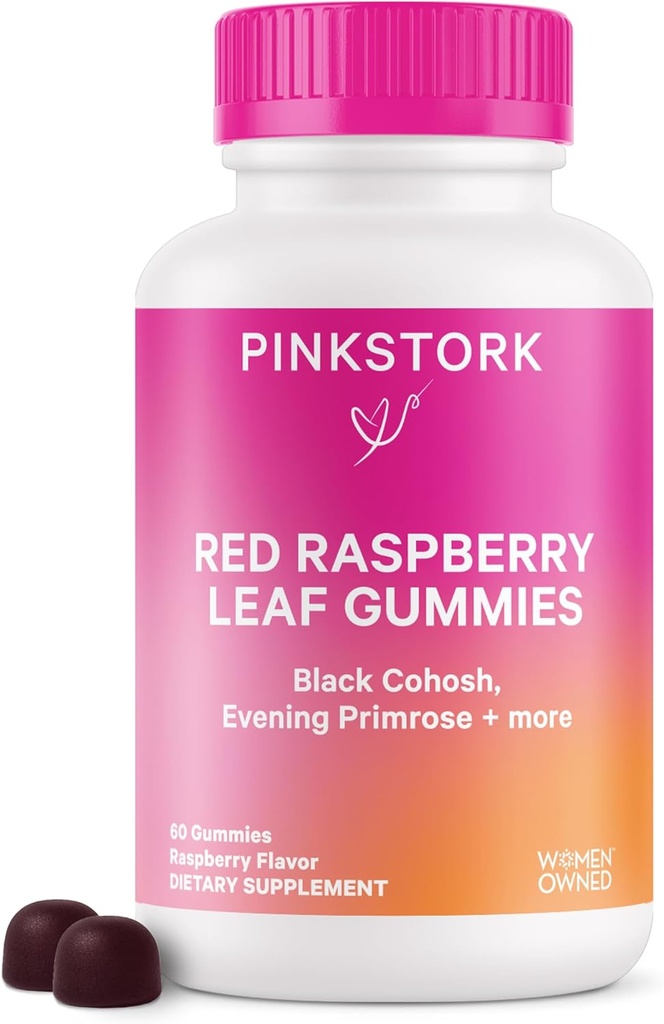 Pink Stork Red Raspberry Leaf Gummies - Third Trimester Labor Prep + Postpartum Mood Essentials with Evening Primrose Oil + Black Cohosh - 60 Vegan Gummy Suplementos, Non-GMO