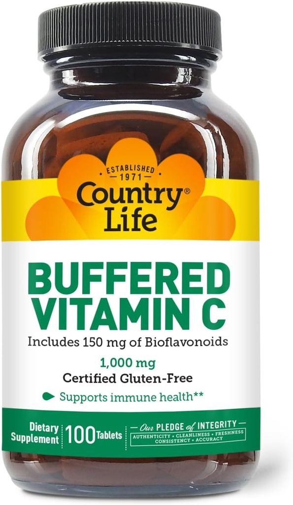 Vida en el País Vitamina C 1000mg con Bioflavonoides, Calcio, Magnesio, Potasio - Apoyo Inmunitario, Capsules Veganos, Libre de gluten, Gentle on Stomach - 100 Tablets