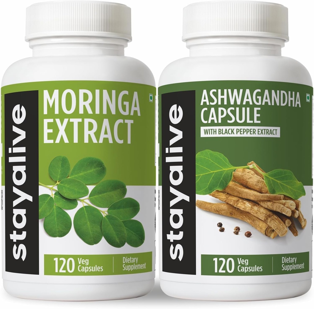 STAY ALIVE Moringa and Ashwagandha Bundle w/Black Pepper Extract, 240 píldoras Vegan, no GMO &amp; Gluten Free Ashwagandha Moringa Supplement 2 Pack