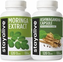 STAY ALIVE Moringa and Ashwagandha Bundle w/Black Pepper Extract, 240 píldoras Vegan, no GMO &amp; Gluten Free Ashwagandha Moringa Supplement 2 Pack