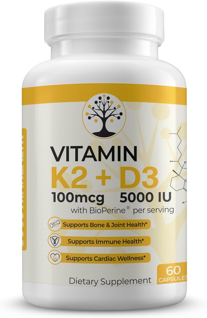 Vitamina D3 K2 Suplemento, 5000 UI - Soporta Immune y Cardiac Wellness, High Potency, Gluten Free, 60 cápsulas