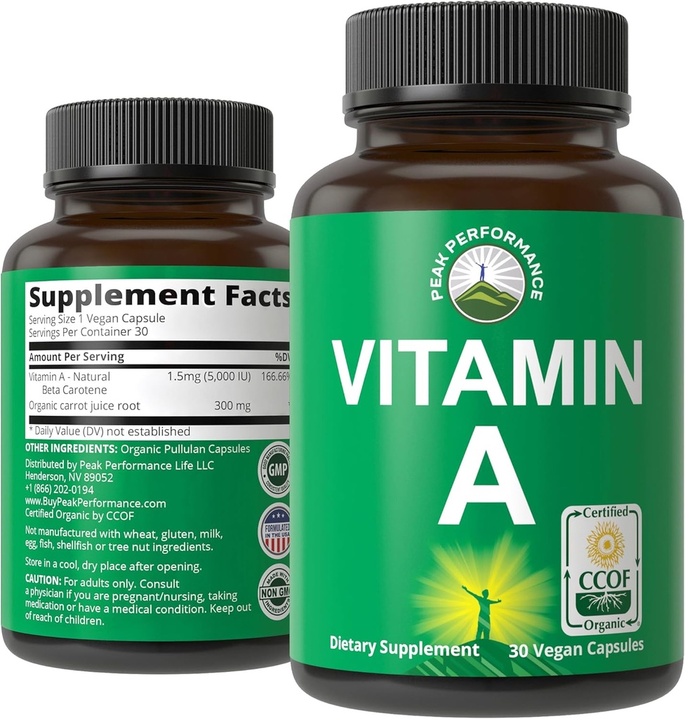 Vitamina Orgánica Certificada A 5000 UI Suplemento capsula vitaminas de alta potencia. para adultos, hombres, mujeres, niños. Hecho con Jugo de Carrota Orgánica. Genial para Immune, Skin, Eye Support. Non GMO, Vegan Pills
