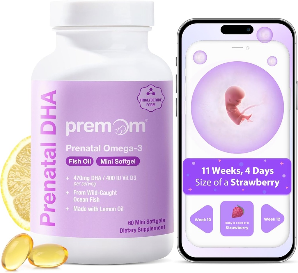 Premom Prenatal DHA Fish Oil: Triglyceride Omega 3 con 470mg DHA, 200 mg EPA + 400 UI VIT D3 Suplemento - Fertilidad Apoyo a las Mujeres - Globalmente Fuentes de Pesca Salvaje