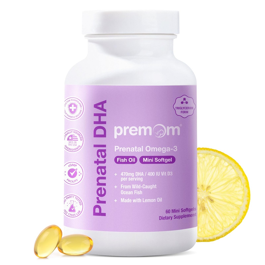 Premom Prenatal DHA, 60 Mini Softgels, Omega-3 Fish Oil, Bioavailable Triglyceride Form, 470mg DHA, 200mg EPA, & 400IU Vitamin D3, Supports Brain Health in Babies During Pregnancy*, Lemon Oil Infused