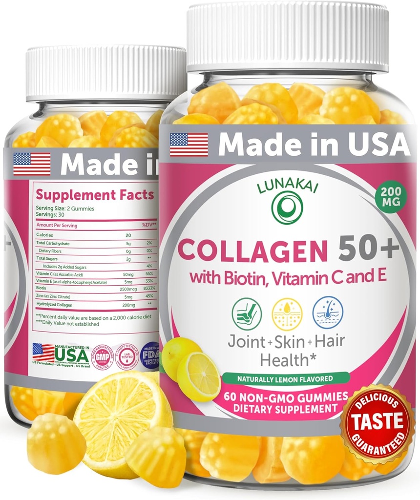 Lunakai USA Made Collagen Gummies for Women & Men Over 50, Biotin & Vitamin C, Supports Skin Elasticity, Hair & Nail Strength, Joint Support, 60ct