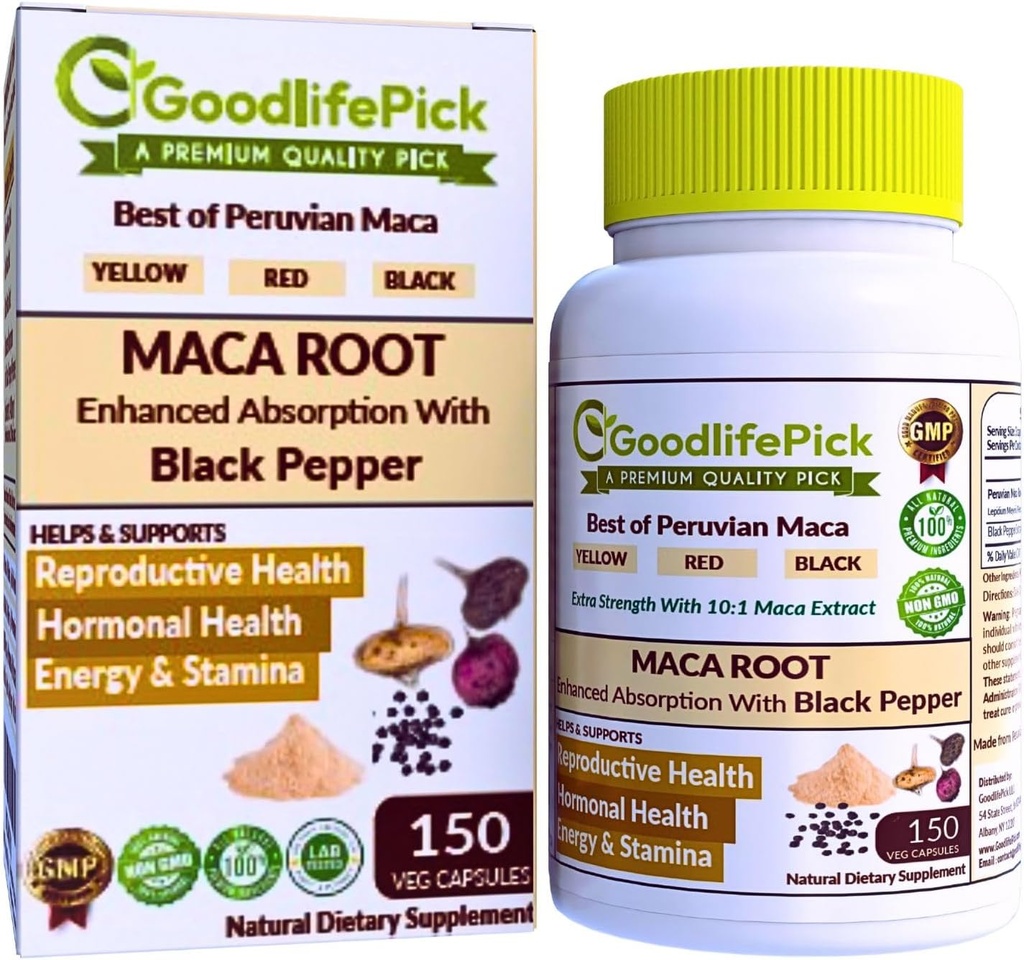Cadena de Maca Peruana 150 ct. Potente Maca Blend de Amarillo Rojo &amp; Negro Maca Root con Pepper Negro. Todo Natural No GMO Vegan Sin Stearate Sin Polvo de arroz No Silica No Filler