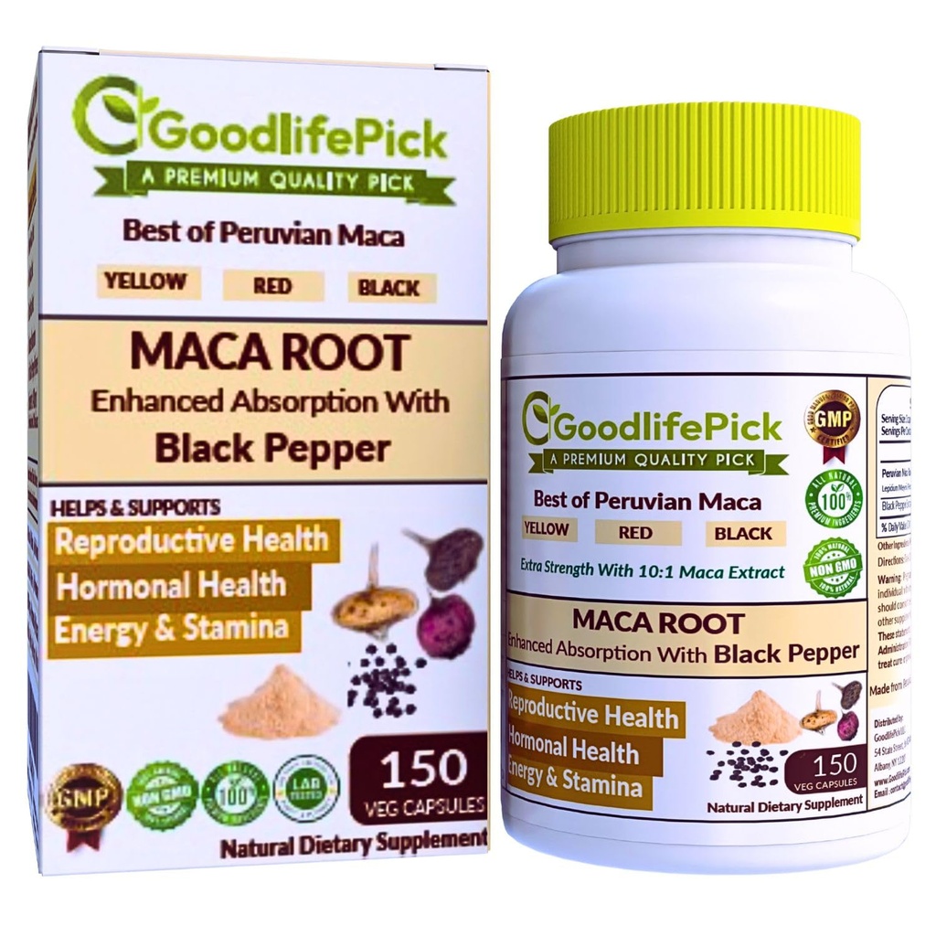 Cadena de Maca Peruana 150 ct. Potente Maca Blend de Amarillo Rojo &amp; Negro Maca Root con Pepper Negro. Todo Natural No GMO Vegan Sin Stearate Sin Polvo de arroz No Silica No Filler