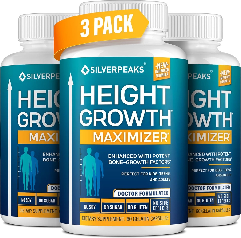 SILVERPEAKS Growth Capsules to Grow Taller - Maximizador de crecimiento de altura con calcio para fuerza de hueso - Hecho en EE.UU. - Natural Get Taller Suplemento - Libre de hormona de crecimiento - Pack de 3