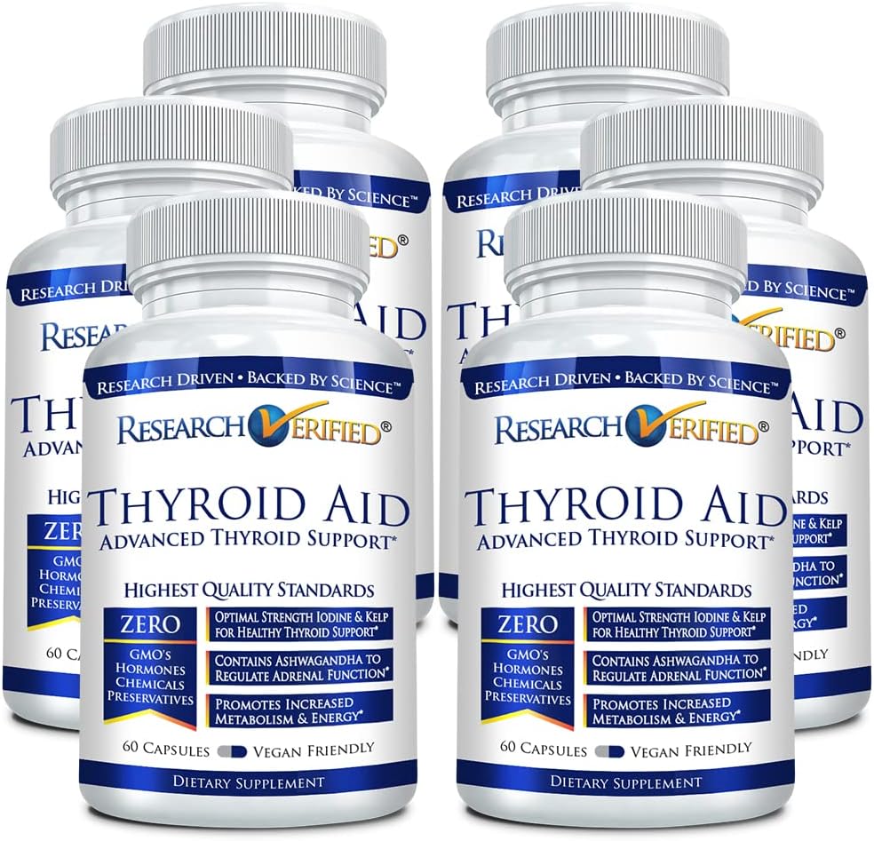 Research Verified® Thyroid Aid - Optimal Thyroid Function with Iodine, Copper & Zinc - 260 mcg Selenium - 100% Pura - Vegan Friendly - 60 cápsulas por botella - 6 botellas