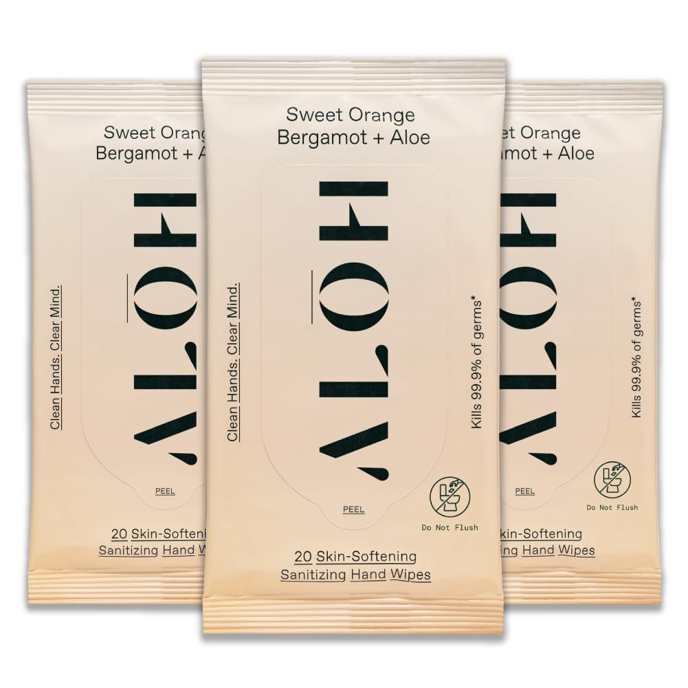 AL/1990H Sweet Orange Bergamot + Aloe Sanitizing Hand Wipes - Clean Hands, Clear Mind - On The Go Hand Sanitizing Wipes for Kids and Adults - Tamaño de viaje 3 Pack 20ct Wipes (60 toallitas)