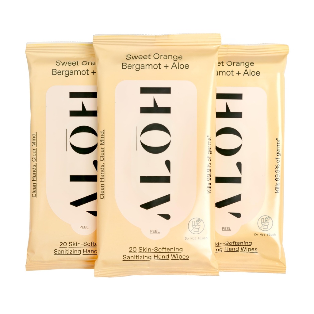 AL/1990H Sweet Orange Bergamot + Aloe Sanitizing Hand Wipes - Clean Hands, Clear Mind - On The Go Hand Sanitizing Wipes for Kids and Adults - Tamaño de viaje 3 Pack 20ct Wipes (60 toallitas)