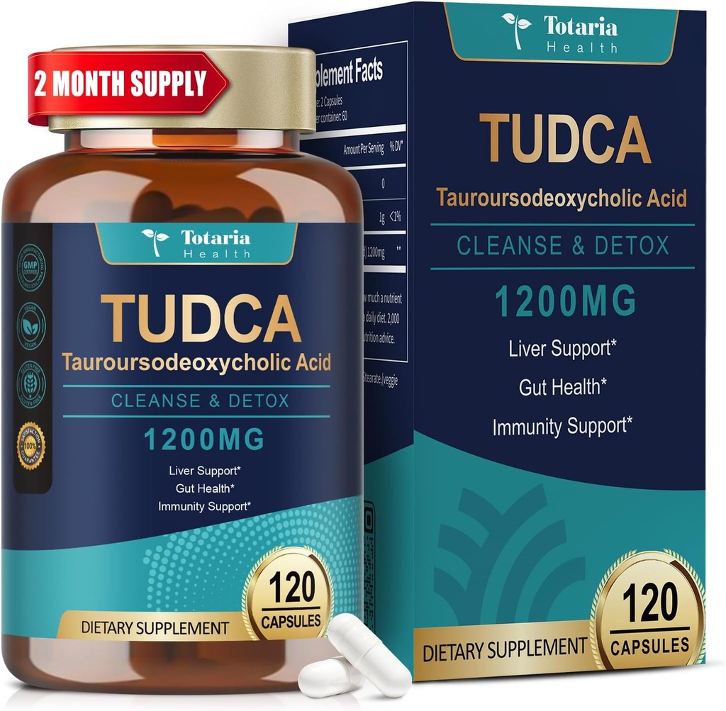 Totaria TUDCA Suplemento 1200mg (Acido Tauroursodeoxycholic), 120 cápsulas, Ultra fuerza TUDCA Bile Salts Suplementos Liver, Pure Tudca para la reparación de hígado y vesícula, Gut Health