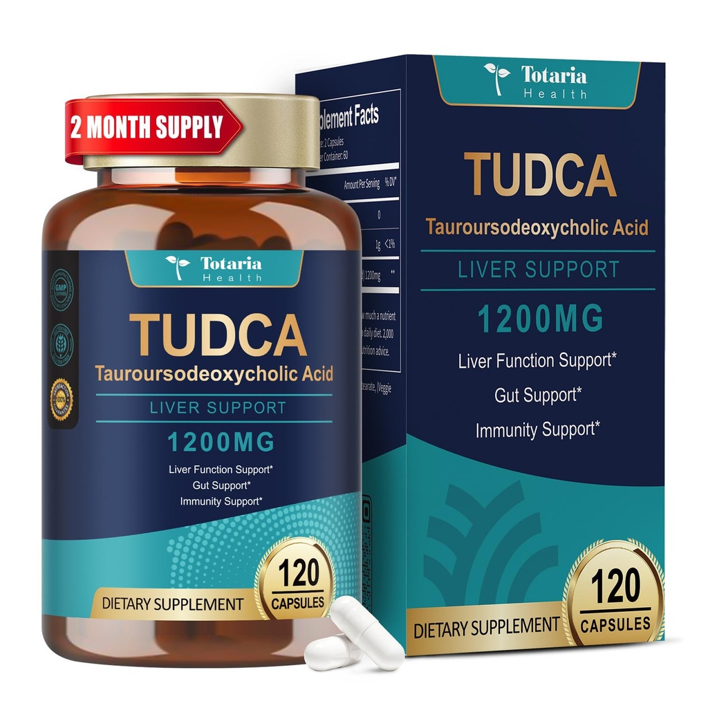 Totaria TUDCA Suplemento 1200mg (Acido Tauroursodeoxycholic), 120 cápsulas, Ultra fuerza TUDCA Bile Salts Suplementos Liver, Pure Tudca para la reparación de hígado y vesícula, Gut Health