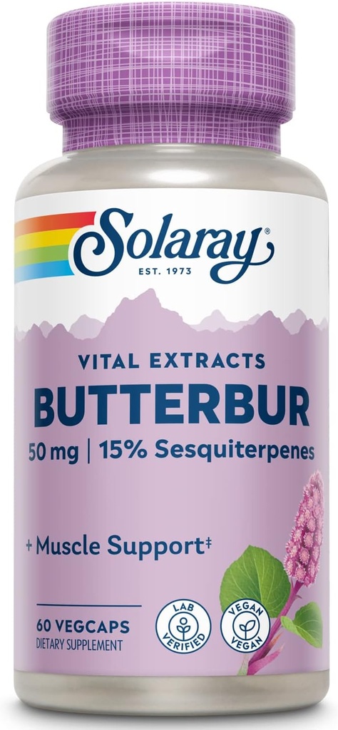 SOLARAY Butterbur Root Extract 50mg ← Apoyo para el músculo de la calma Vascular saludable, Flujo de sangre, función respiratoria " Sistema urinario Salud