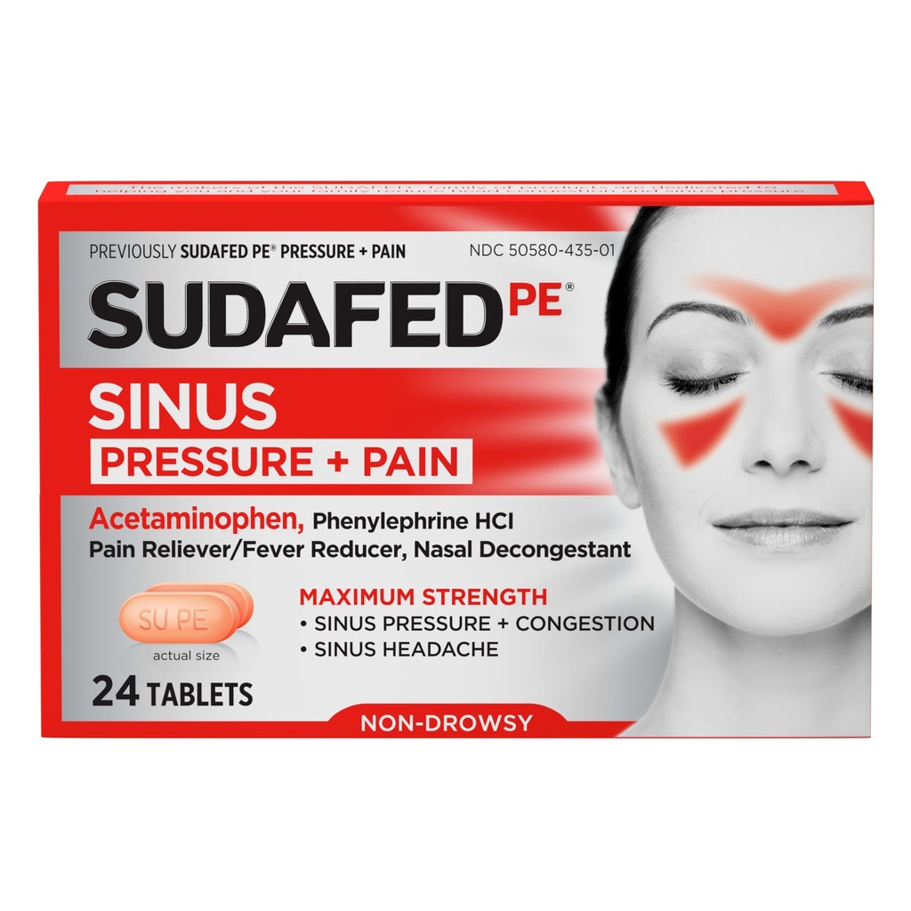 Sudafed PE Sinus Pressure Relief Plus Pain Relief Tablets, Maximum Strength, Non-Drowsy Decongestant, OTC Sinus Medicine with Acetaminophen and Phenylephrine HCl Nasal Decongestant, 24 CT