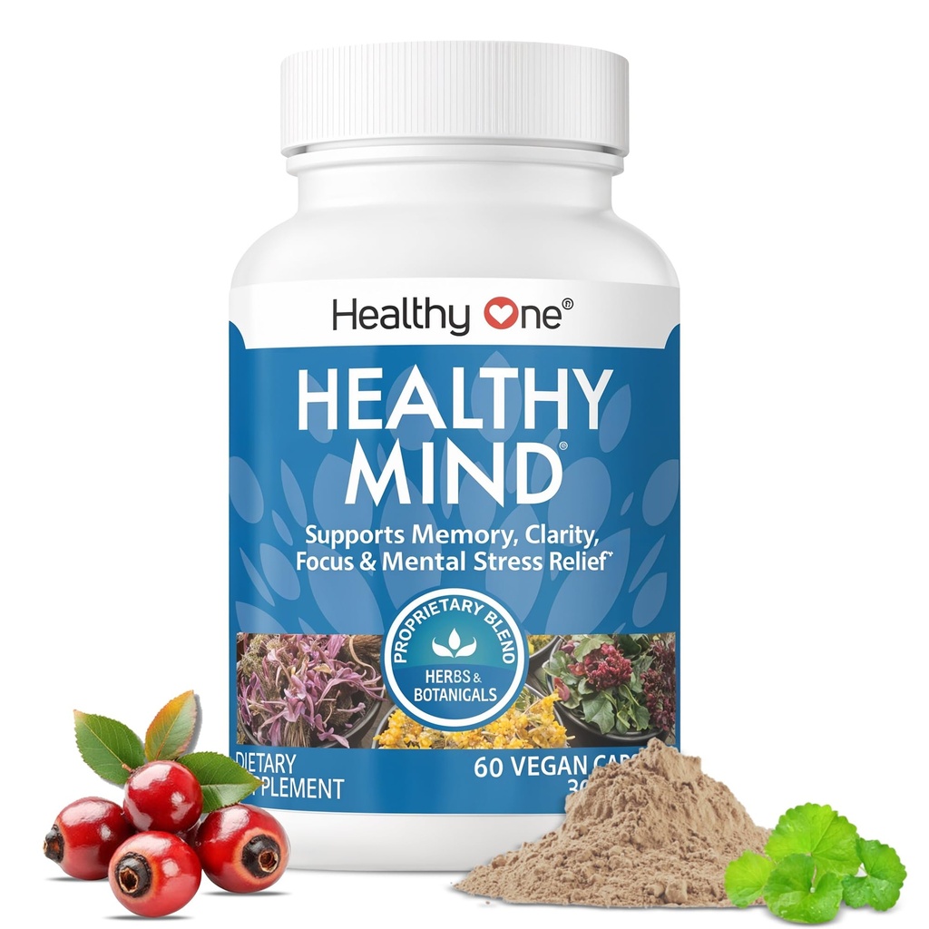 Healthy Mind - Safe for Teens - Brain Fog - Cognitive Function - Concentration - Focus - Neural Optimization - Mood - Ginkgo Biloba - Ginseng - Rhodiola - Bacopa - Gotu Kola - Green Tea - 60 Count