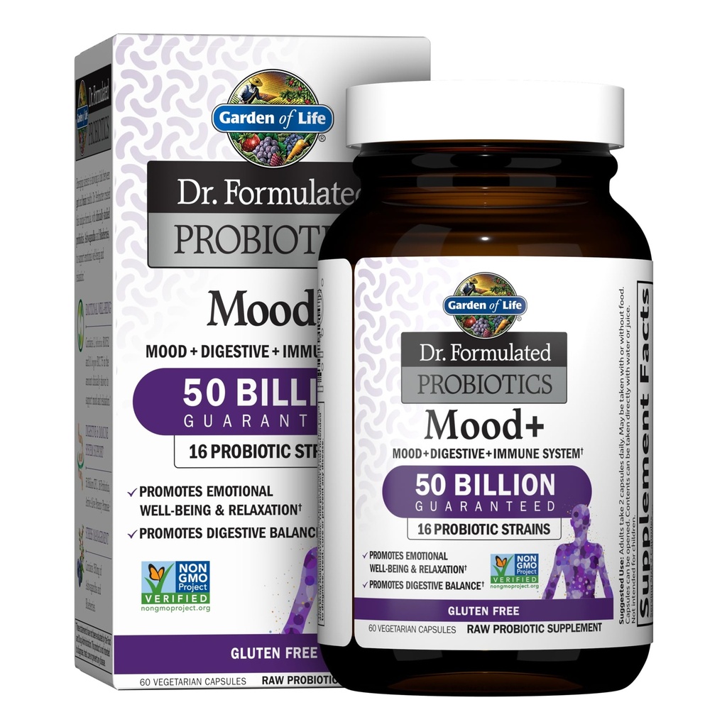 Jardín de la vida Dr. Probióticos Formulados Mood+ Acidophilus Probiótico Suplemento - Promueve Relajación y Equilibrio Digestivo - Ashwagandha para el manejo del estrés - No GMO, Gluten Gratis - 60 Veggie Caps