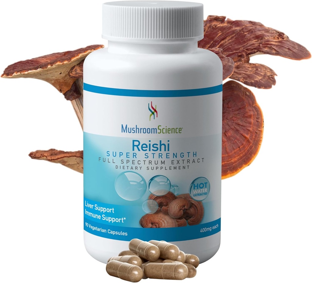 MushroomScience Reishi Mushroom Capsules, Super Strength Full Spectrum Extract, Suplemento natural de baño para adultos, Setas extraídas de agua caliente, Apoyo a la salud, Vegetariano, 400MG, 90 CT