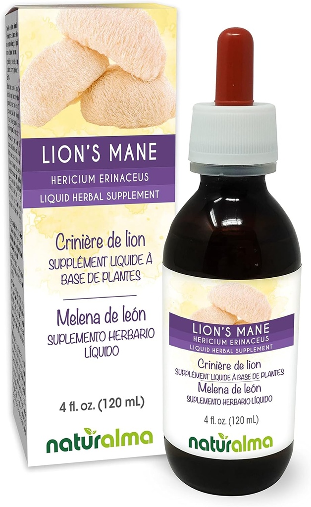 Naturalma Lion's Mane (Hericium erinaceus) Fungus o Mushroom Alcohol-Free Tintura - 4 fl oz Liquid Extract in Drops - Herbal Supplement - Vegan