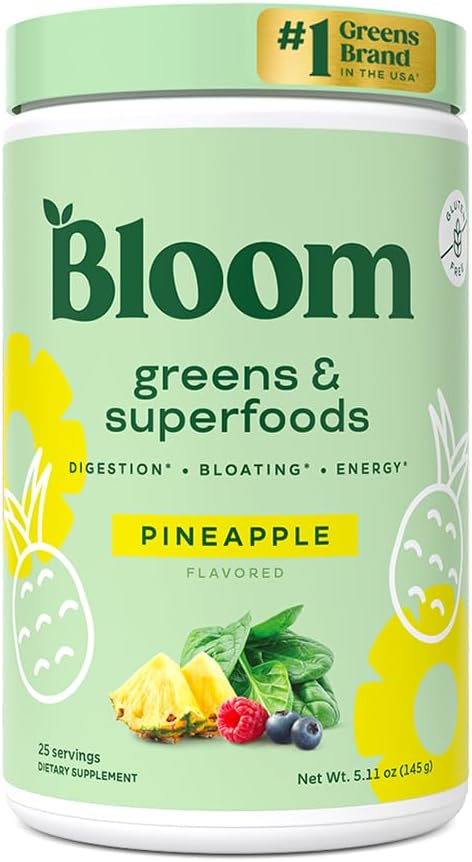 Bloom Nutrition Superfood Greens Powder, Enzymes Digestivos con Probióticos y Prebióticos, Gut Health, Bloating Relief for Women, Clorella, Green Juice Mix with Beet Root Powder, 25 SVG, Pineapple