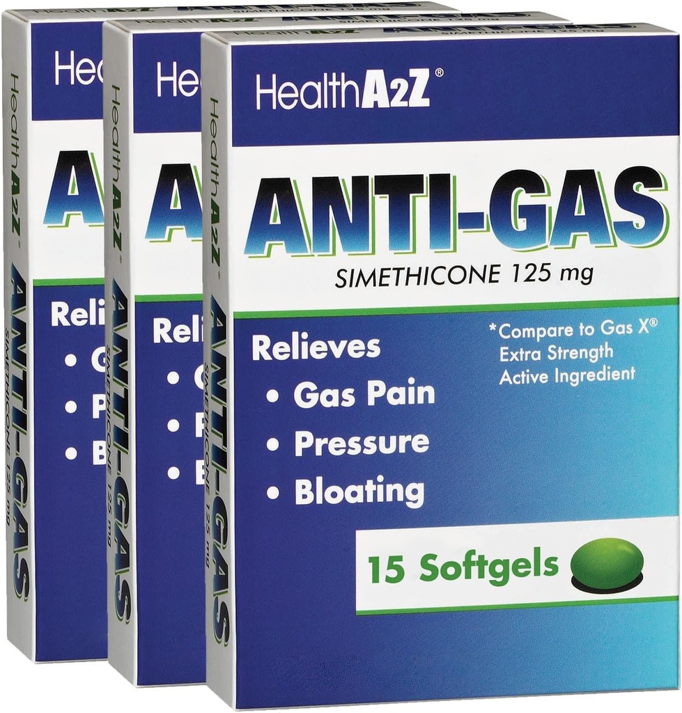 HealthA2Z® Gas Relief Simethicone ← 125mg Silencio Relieves from Stomach Discomfort and Gas ← Anti Flatulence ¦ Alivia el gas rápido y el rubor (15 Condes (Pack of 3))
