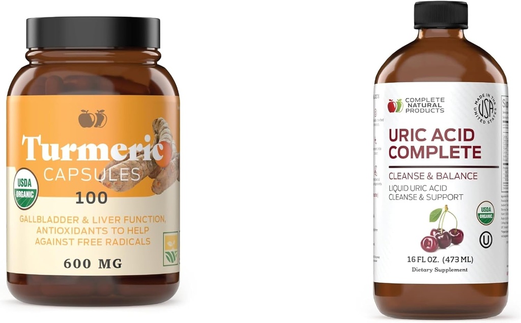 Productos naturales completos Turmeric 100 capsules &amp; Uric Acid Complete 16oz Bundle