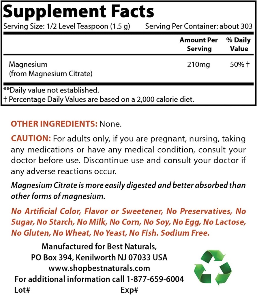 Polvo de citrato de magnesio 1 Libra &amp; magnesio Glycinate 425 mg