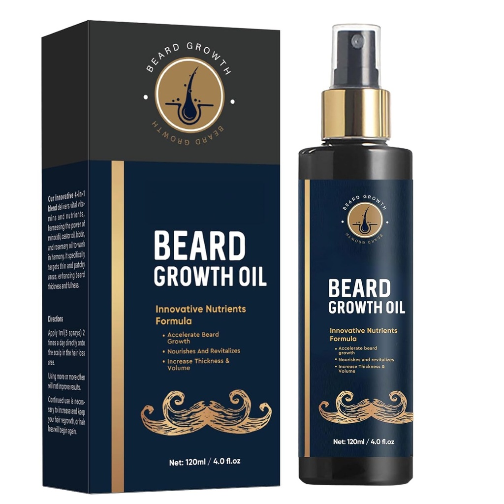 Beard Oil for Men, 5% Beard Growth Oil for Thicker and Fuller Beard, Promote Facial Hair Growth, with Biotin, Rosemary and Castor Beard Oil for Men Growth, 4 Fl Oz
