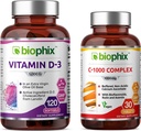 biofix Vitamina D-3 5000 UI 120 Softgels - Vitamina libre C-1000 30 Tabletas - Alta potencia en aceite de oliva virgen extra No-GMO Apoyos sin soya sólidos Huesos inmunes