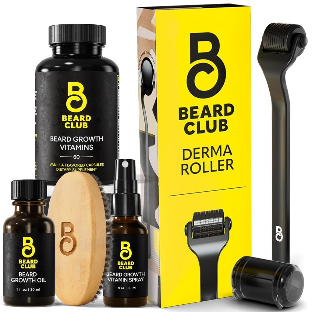 The Beard Club Derma Roller " Essential Beard Kit - Beard Roller, Beard Oil, Beard Spray, Beard Vitamins