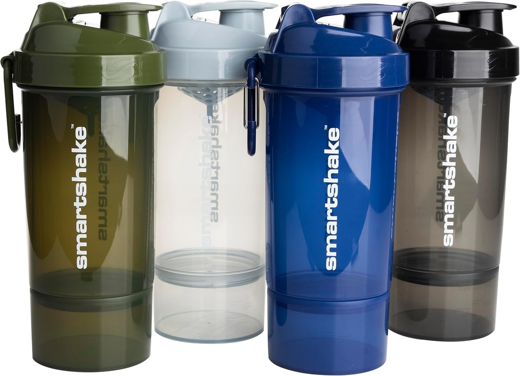 Smartshake O2GO ONE 4-Pack Protein Shaker Bottle 800 ml  27 oz - Almacenamiento incluido - Leakproof Screw-on Lid - BPA Gratis – Unisex - Mist Gray, Army Green, Black, Navy Blue
