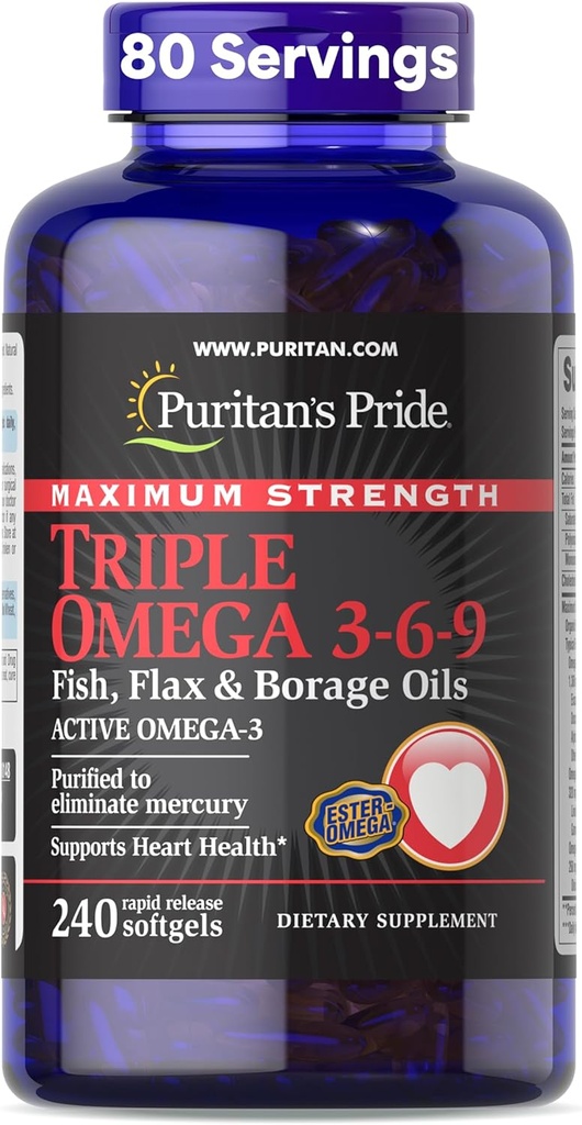 Pride Premium Maximum Strength Triple Active Omega 3-6-9 Fish, Flax y Borage Oils, Suplemento dietético para Heart, Joint y Cellular Health Support, 240 Rapid Release Softgels