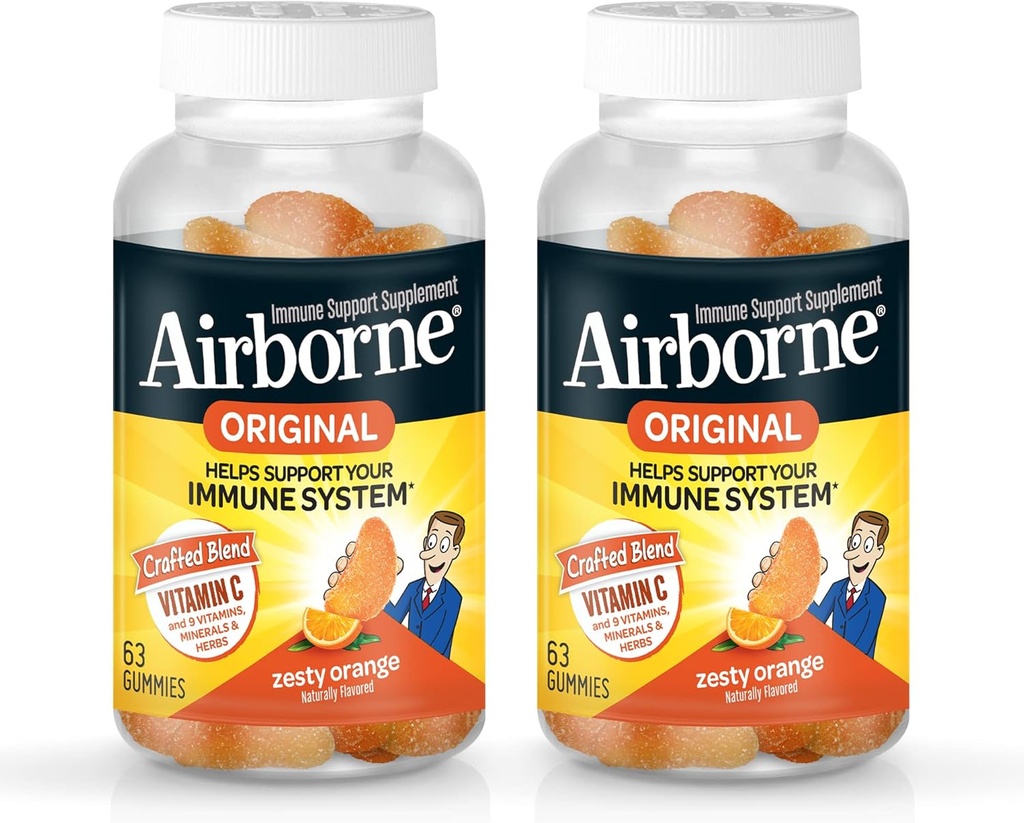 Airborne 750mg Vitamina C Immune Support Suplemento Gummies for Adults, Zesty Orange Flavor, Gluten Free Crafted Blend with Powerful Antioxidants Vitaminas A C &amp; E, 63 Gummies (2 Pack)
