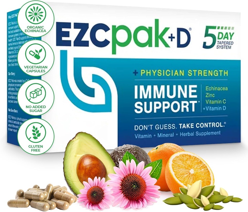EZC Pak 5-Day Immune System Booster con Echinacea, Vitamina C, Zinc & Vitamina D - Tapered Immune Support Suplemento para adultos - Supports Immunity, Easy Travel-Size Supplement Pack